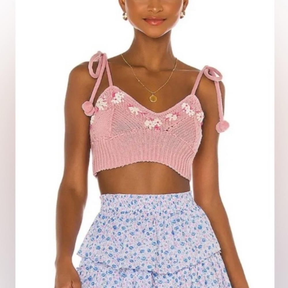 LoveShackFancy Lago Cropped Pink Knitted Bralette Top NWT
